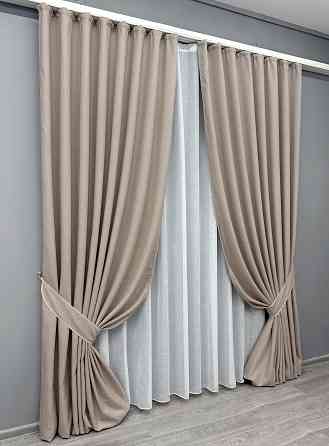 Комплект штор VR-Textil льон преміум ELEMENTA 150х270 2шт і Тюль 400х270 1869ш-115т бежевий з білим 71-073/3 Київ