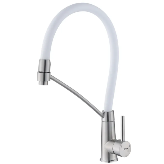 Смеситель для кухни с силиконовым изливом Zerix FUL-017 Refl.White из нержавеющей стали SUS304 с гибким белым изливом на подставке Черновцы