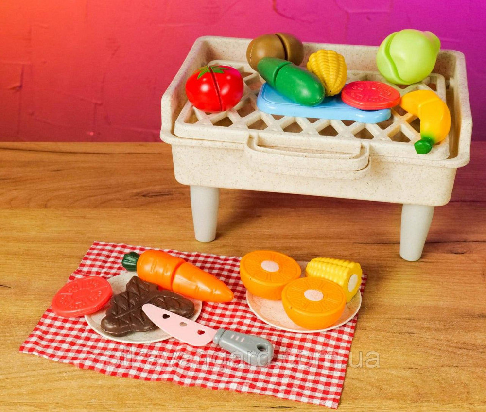 Игровой набор Барбекю продукты на липучках на мангале (29 предметов, посуда, нож, в чемодане) Хмельницкий - изображение 1