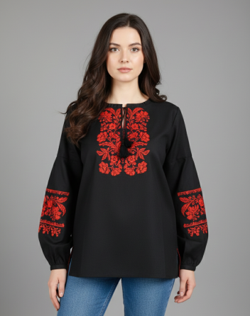 Борщівська чорна натуральна жіноча вишиванка з червоною вишивкою Київ