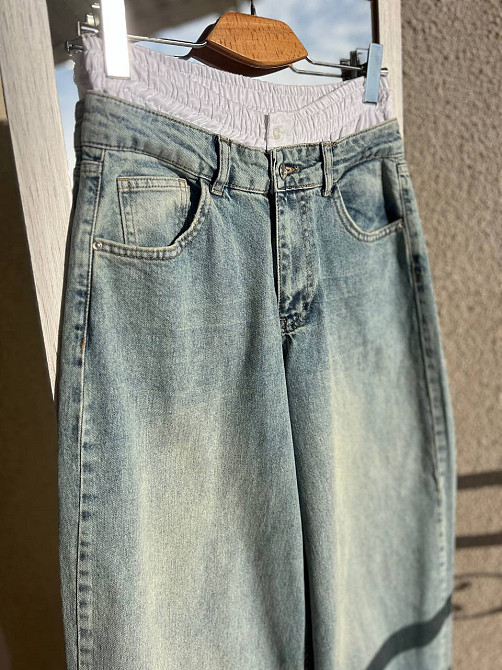 Джинси жіночі I8 162-76 PALAZZO BOXER біла резинка на талії широкі від стегна, блакитний з зеленим,  Одеса - фото 2