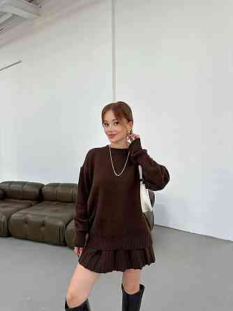 Женский вязаный костюм свитер оверсайз и стильная юбочка 70% Акрил 30% котон Шоколад Одесса