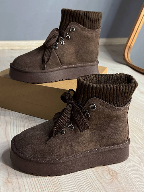 Уггі жіночі Hengji 007-7 замшеві шнурівка зі шкарпеткою коричневі, 38, 24 см Київ - фото 5