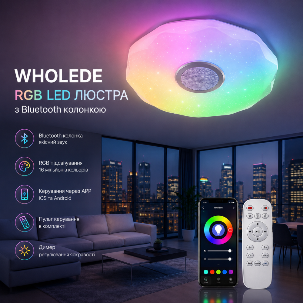 Уцінка Смарт LED люстра Wholede RGB з Bluetooth колонкою | Стельовий світильник з пультом, APP, димер, музична люстра Київ - фото 12