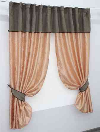 Кухонные шторы VR-Textil № 073к с ламбрекеном и подхватами персиковый с какао 280х170 см (52-0175) Киев