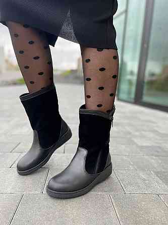 HD Напівчоботи жіночі HD чорні шкіра+замша натуральна висота черевика 21 см обхват 33 см (2095) Коломия