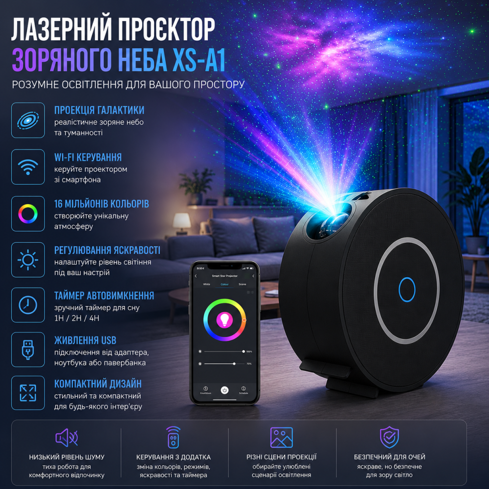Лазерний проектор зоряного неба XS-A1 Wi-Fi Smart нічник Galaxy з керуванням через смартфон, USB, чорний Київ - фото 8