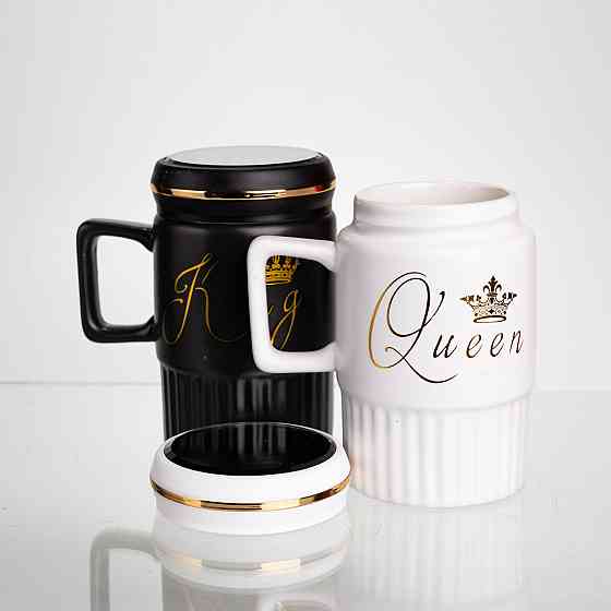 Yiwu Набір парних порцелянових чашок з кришкою 2 (шт) по 450 (мл) Чорний з білим Yiwu FM-26 Коломия