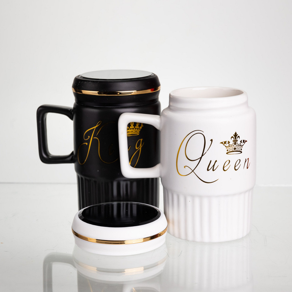 Yiwu Набір парних порцелянових чашок з кришкою 2 (шт) по 450 (мл) Чорний з білим Yiwu FM-26 Коломия - фото 3