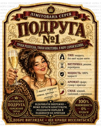Етикетки на пляшку вина або ігристого для подруги “Подруга №1” | Прикольний подарунок подрузі | Комплект етикетка + контретикетка Одеса