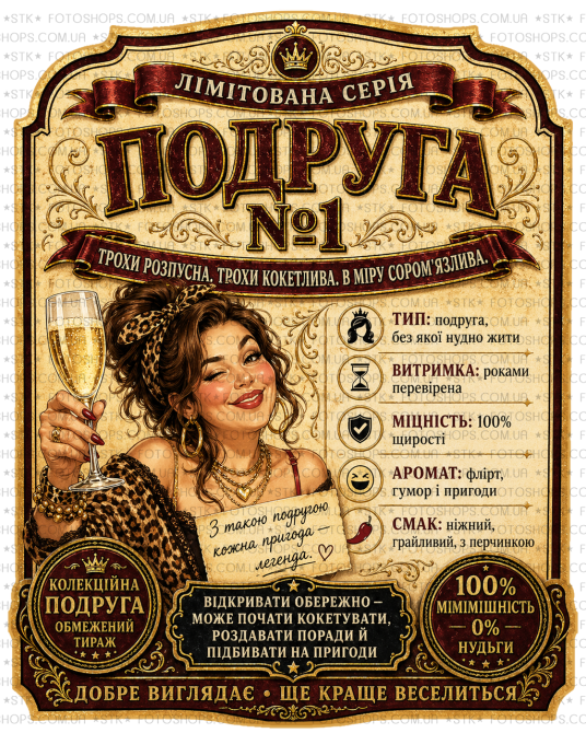 Етикетки на пляшку вина або ігристого для подруги “Подруга №1” | Прикольний подарунок подрузі | Комплект етикетка + контретикетка Одеса - фото 1