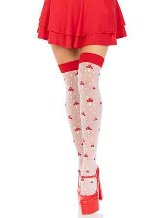 Панчохи Leg Avenue Polka Dot Mushroom Thigh Highs, One Size, біло-червоні, на резинці, малюнок — гриби Sex Aura Київ