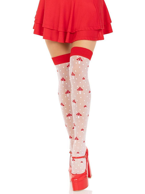 Панчохи Leg Avenue Polka Dot Mushroom Thigh Highs, One Size, біло-червоні, на резинці, малюнок — гриби Sex Aura Київ - фото 3