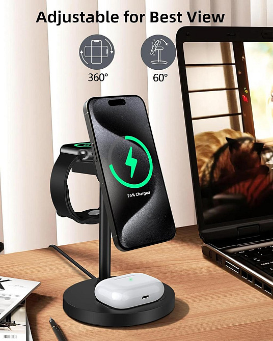 Беспроводная зарядка 3-в-1 для iPhone, Apple Watch, AirPods магнитная зарядная станция MagSafe 20W алюминиевая Киев - изображение 11