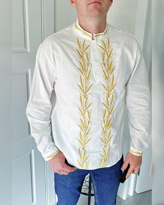 Мужская вышиванка с традиционной украинской вышивкой без пуговиц коттон 80%, 20% полиэстер 52, Белый Одесса - изображение 1