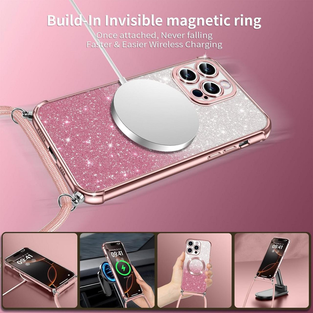 Чехол Phoona для iPhone 16 Pro с ремешком MagSafe блестящий защитный TPU противоударный розовый Киев - изображение 7