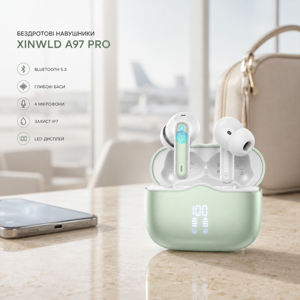 Беспроводные наушники Xinwld A97 Pro Bluetooth 5.3, 4 ENC-микрофона, 40 часов, LED, USB-C, IPX7, Grassgreen Киев - изображение 9