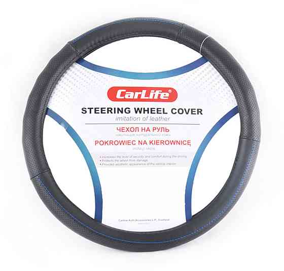 Чохол на кермо Carlife 41-43 см зі штучної шкіри, чорний із синьою ниткою Киев