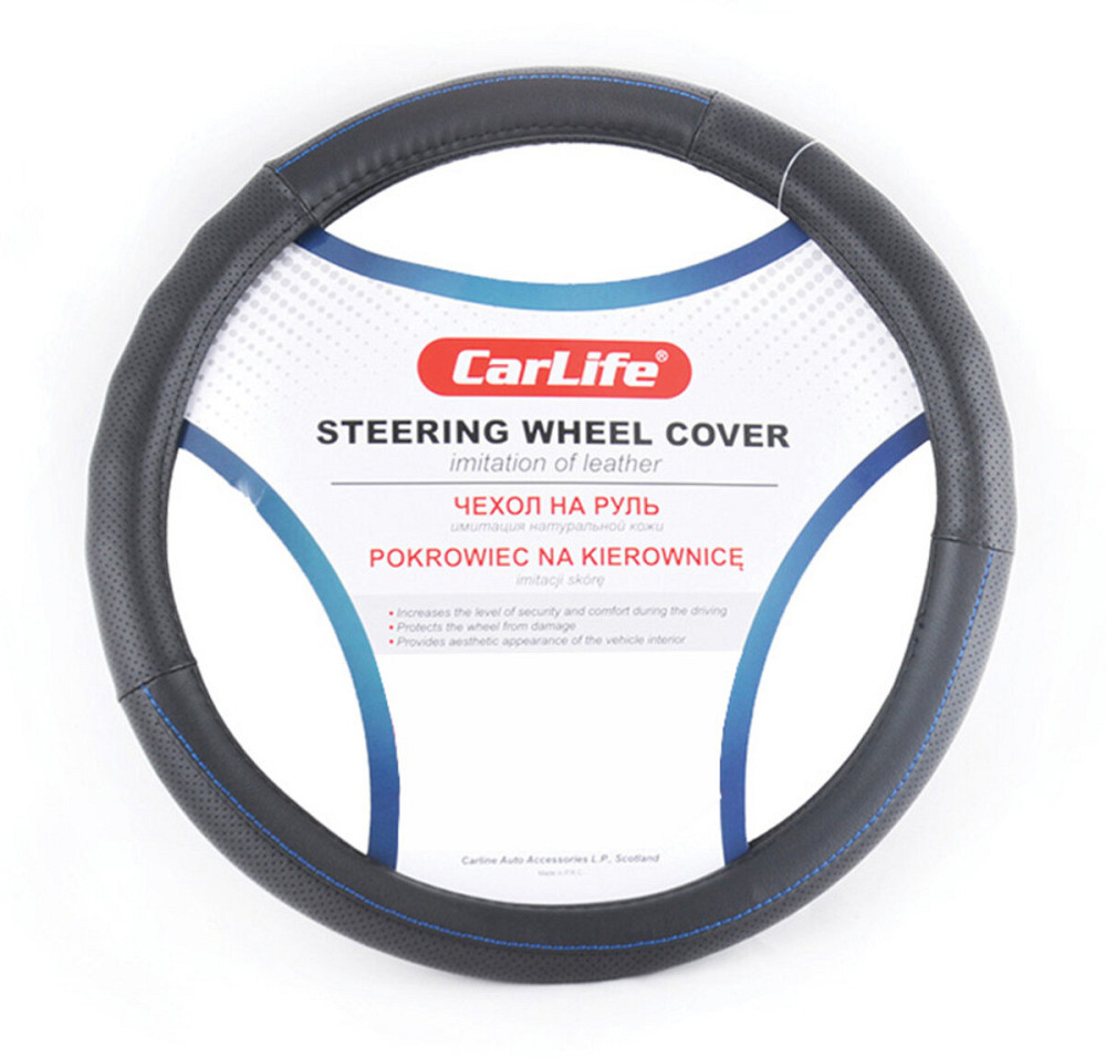 Чохол на кермо Carlife 41-43 см зі штучної шкіри, чорний із синьою ниткою Киев - изображение 1