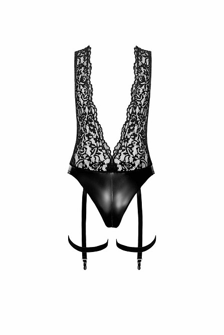 Боді Noir Handmade F297 Libido, XL, чорне, мереживо, низ під латекс, відкритий доступ, гартери Sex Aura Київ - фото 5