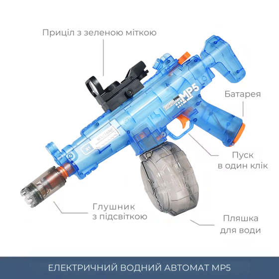 Водний електричний пістолет для дітей, бластер на акумуляторі, водний автомат MP5, іграшковий, синій Кам'янець-Подільський