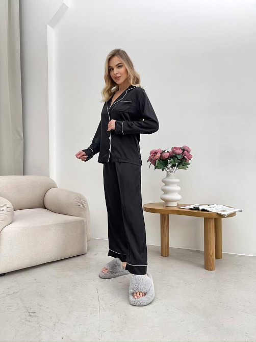 Жіноча стильна піжама двійка: сорочка і штани з шовку Армані. Чорний, 44/46 Одеса - фото 5