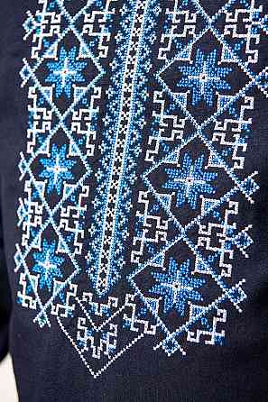 Чоловіча сучасна вишиванка темно-синя, з довгим рукавом натуральний льон, вишиванки чоловічі, льняна, сорочка вишита модна Київ