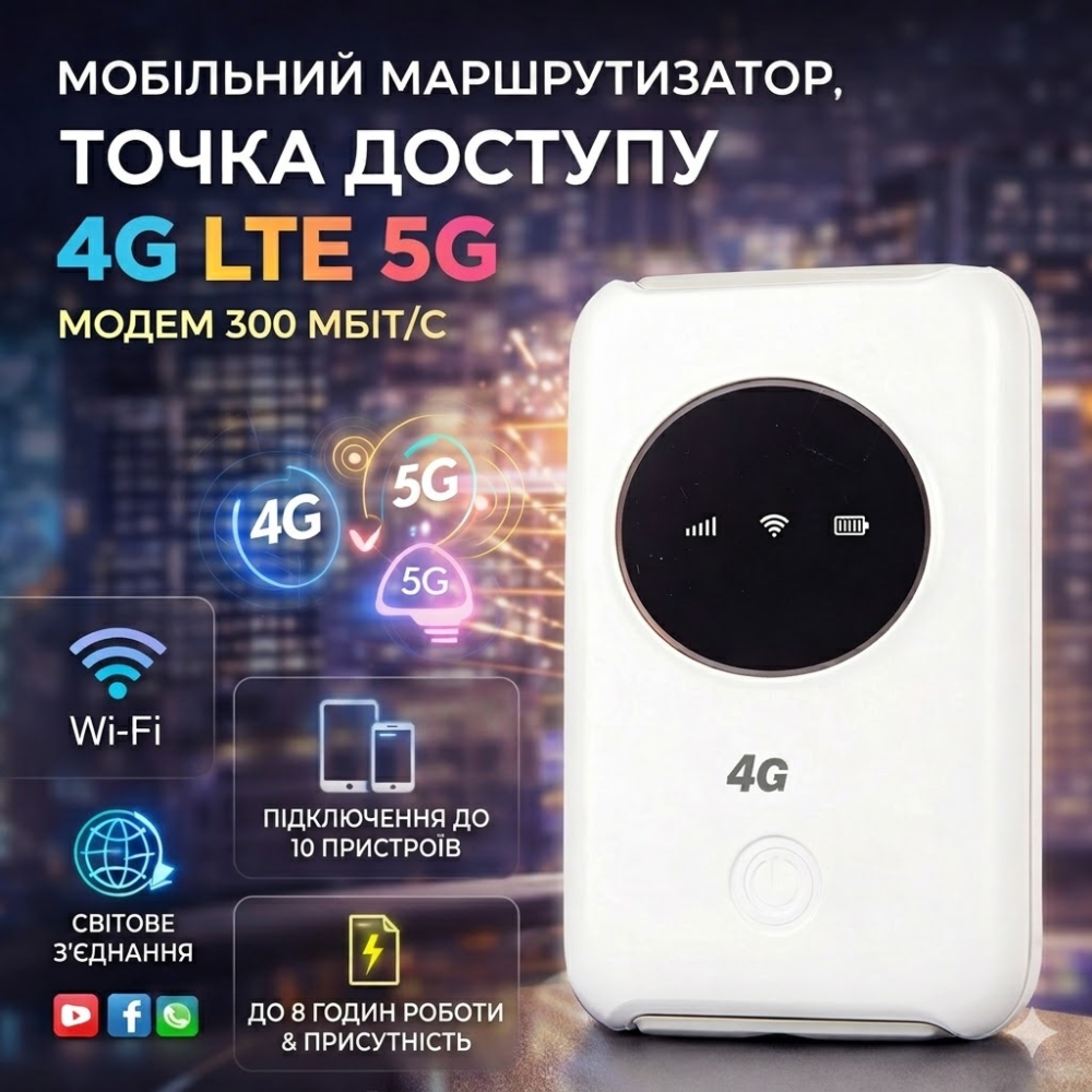 Мобильный 4G/5G маршрутизатор Yoidesu: Точка доступа, Модем 300 Мбит/с, Слот SIM, Аккумулятор 3200 мАч, до 10 устройств (White) Киев - изображение 1