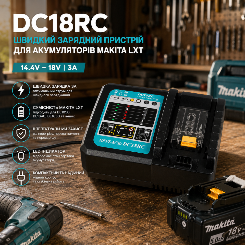 Зарядний пристрій DC18RC 14.4–18V для Makita LXT BL1850 BL1840 BL1830 швидка зарядка 3A Київ - фото 8