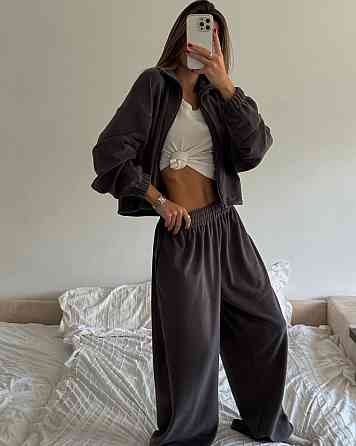 Женский теплый оверсайз костюм двойка: кофта и штаны турецкий полар флис Графит Одесса