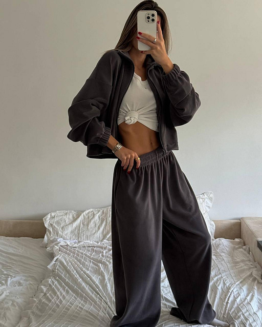 Жіночий теплий оверсайз костюм-двійка: кофта та штани турецький поліс фліс Графіт Одеса - фото 1