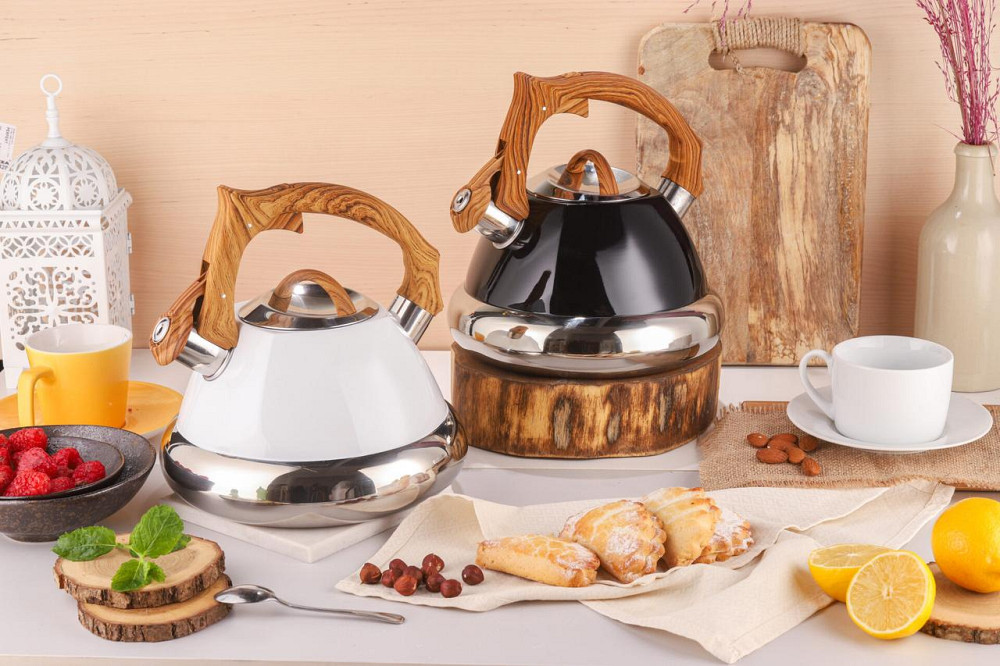 Чайники Свистячі 3.0 Літра З індукційним дном, Дерев'яна фіксована м'яка ручка Одеса - фото 1