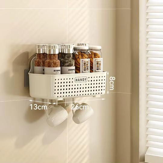 Органайзер для кухні із пластику, настінний кошик з гачками, пластиковий, 26×13×8см, білий колір Кам'янець-Подільський