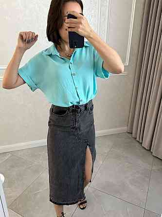 Женская легкая базовая рубашка с коротким рукавом на пуговицах американский креп 46/48, Ментоловый Одесса