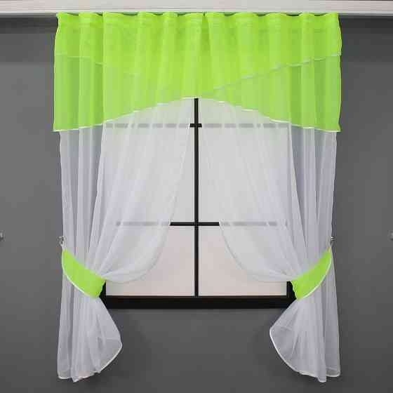Кухонные шторы VR-Textil № 091к с ламбрекеном и подвязками неоново-салатовый с белым 280х170 см (52-0686) Киев
