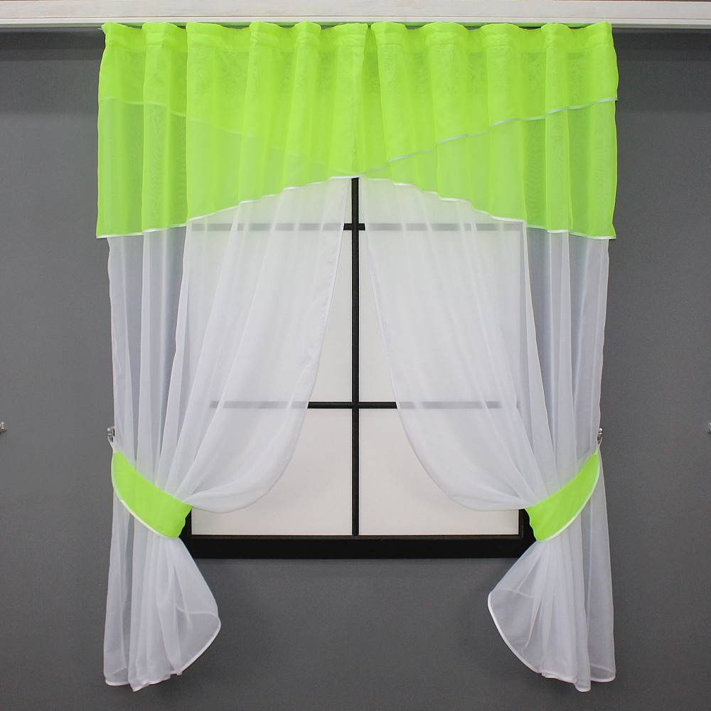 Кухонные шторы VR-Textil № 091к с ламбрекеном и подвязками неоново-салатовый с белым 280х170 см (52-0686) Киев - изображение 1