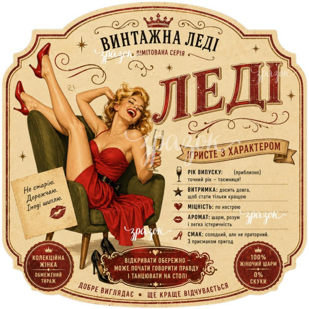 Етикетка на пляшку "Вінтажна Леді" + контретикетка | Прикольний подарунок жінці | Оригінальна етикетка на алкоголь | Одеса - фото 1