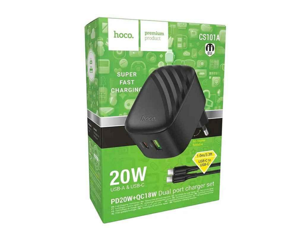 Мережевий зарядний пристрій Type-C to Type-C CS101A 3A/1USB/PD20W/QC3.0 чорний 1м ТМ HOCO Київ - фото 1