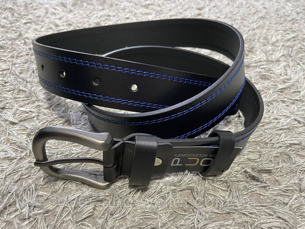 Стильный кожаный черный мужской ремень с синей строчкой 40мм PS Leather Киев - изображение 4