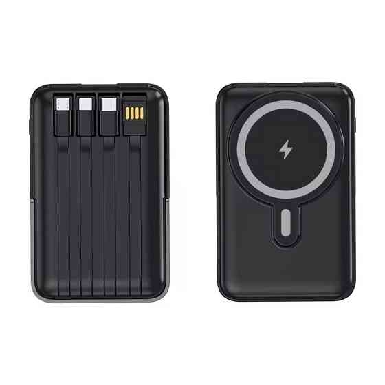 Повербанк беспроводной 10000 mAh с магнитной зарядкой 15W, быстрой зарядкой 22.5W, встроенными кабелями и подставкой Black Каменец-Подольский