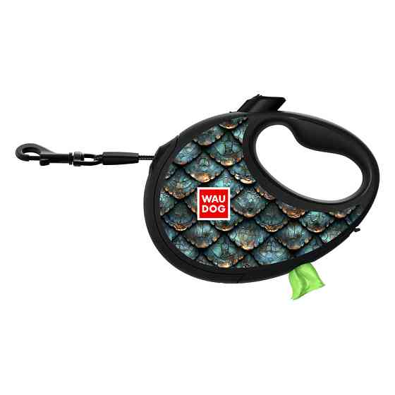 Повідець-рулетка для собак WAUDOG R-leash з контейнером для пакетів, малюнок "Луска", світловідбивна стрічка, S, до 12 кг, 3 м Київ