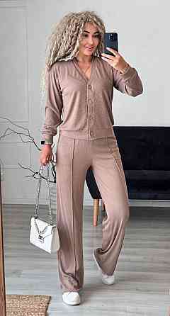 Женский стильный повседневный костюм двойка: кардиган на пуговицах + брюки трикотажный рубчик Бежевий, 52/54 Одесса