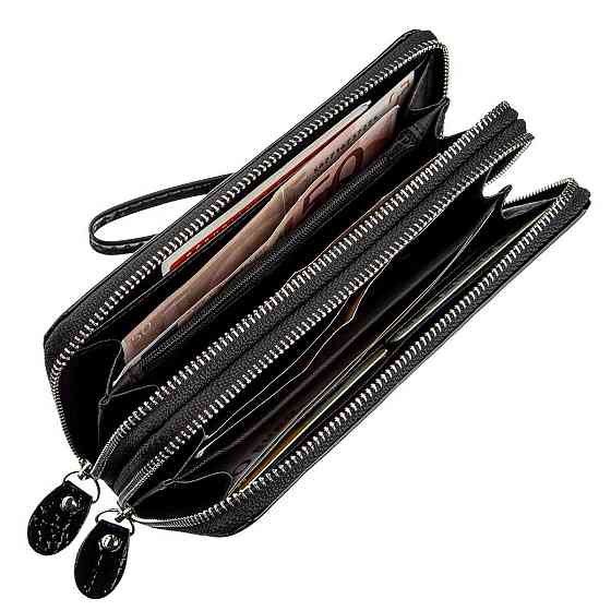 Кошелек женский из экокожи на две молнии лаковый Черный (KIVI) Киев