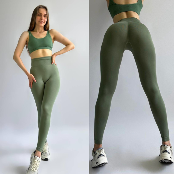 Жіночі спортивні лосини з ефектом пуш ап(Push up) широким поясом і високою посадкою гладенькі Хакі Одеса