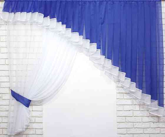 Кухонний комплект VR-Textil № 062к шторка з ламбрекеном синій з білим 200х170 см (50-614) Київ