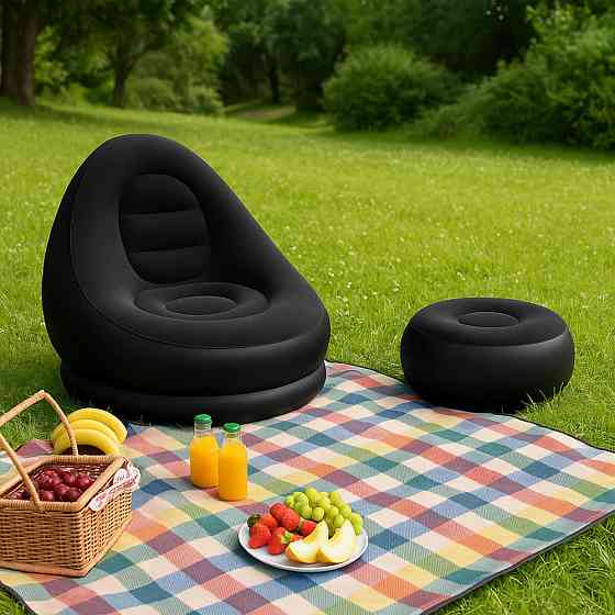 Надувное кресло с пуфиком 2в1 (116х98х83см, до 100кг) Air Sofa + насос, Черный Київ