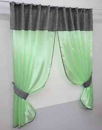 Кухонные шторы VR-Textil № 073к с ламбрекеном и подхватами салатовый с серым 270х170 см (52-0274) Киев