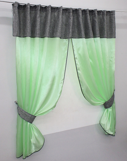 Кухонні штори VR-Textil № 073к з ламбрекеном і підхватами салатовий з сірим 270х170 см ( 52-0274) Київ - фото 2