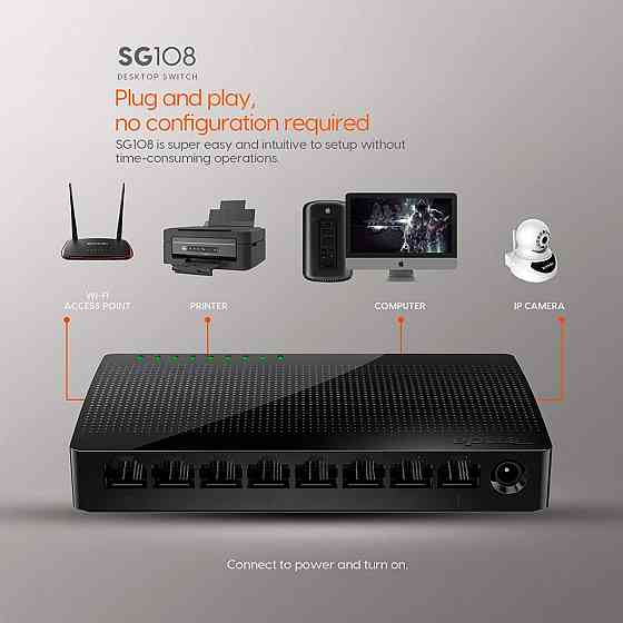 Комутатор (світч) Tenda SG108 (Чорний, 8 LAN портів 10/100/1000 Мбіт/с) Миколаїв