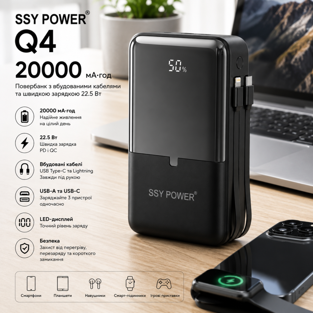 Повербанк SSY POWER Q4 20000 мА·ч 22.5 Вт, быстрая зарядка, встроенные кабели USB Type-C и Lightning, LED-дисплей, USB-A, USB-C Киев - изображение 2